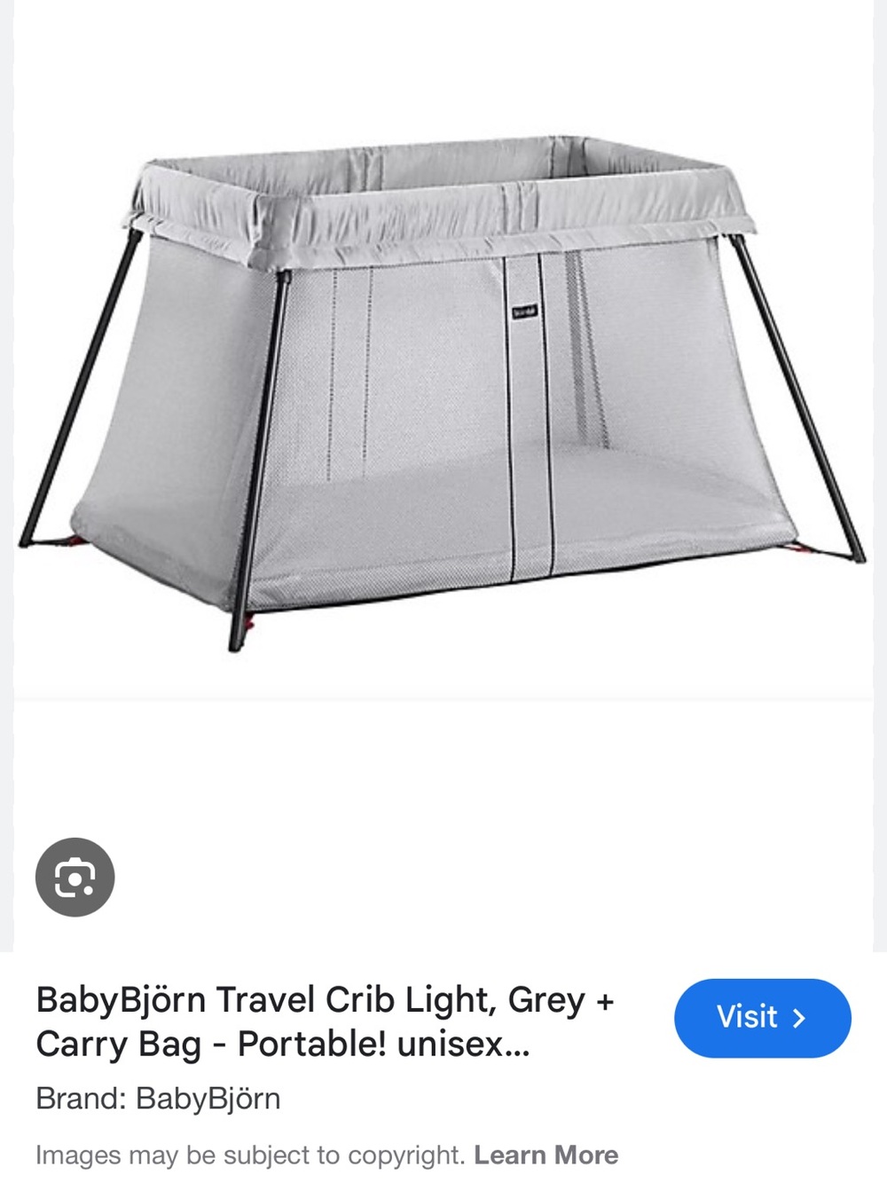 Bjorn Borg Light Travel Crib in Light Gray with Black Frame